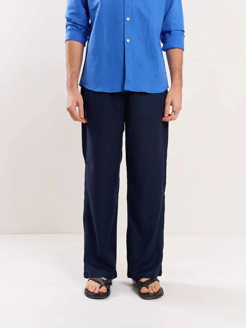 Navy Blue Linen Pull-on Pants