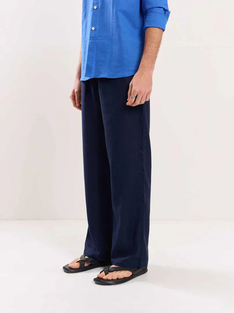 Navy Blue Linen Pull-on Pants