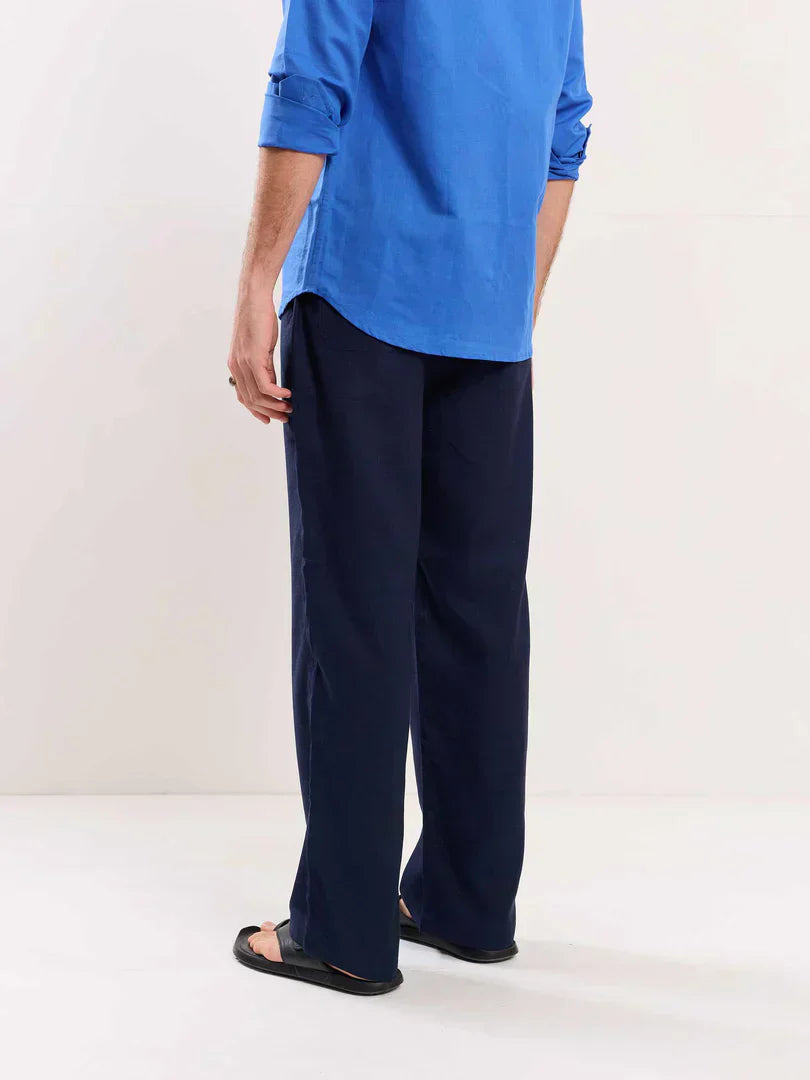 Navy Blue Linen Pull-on Pants